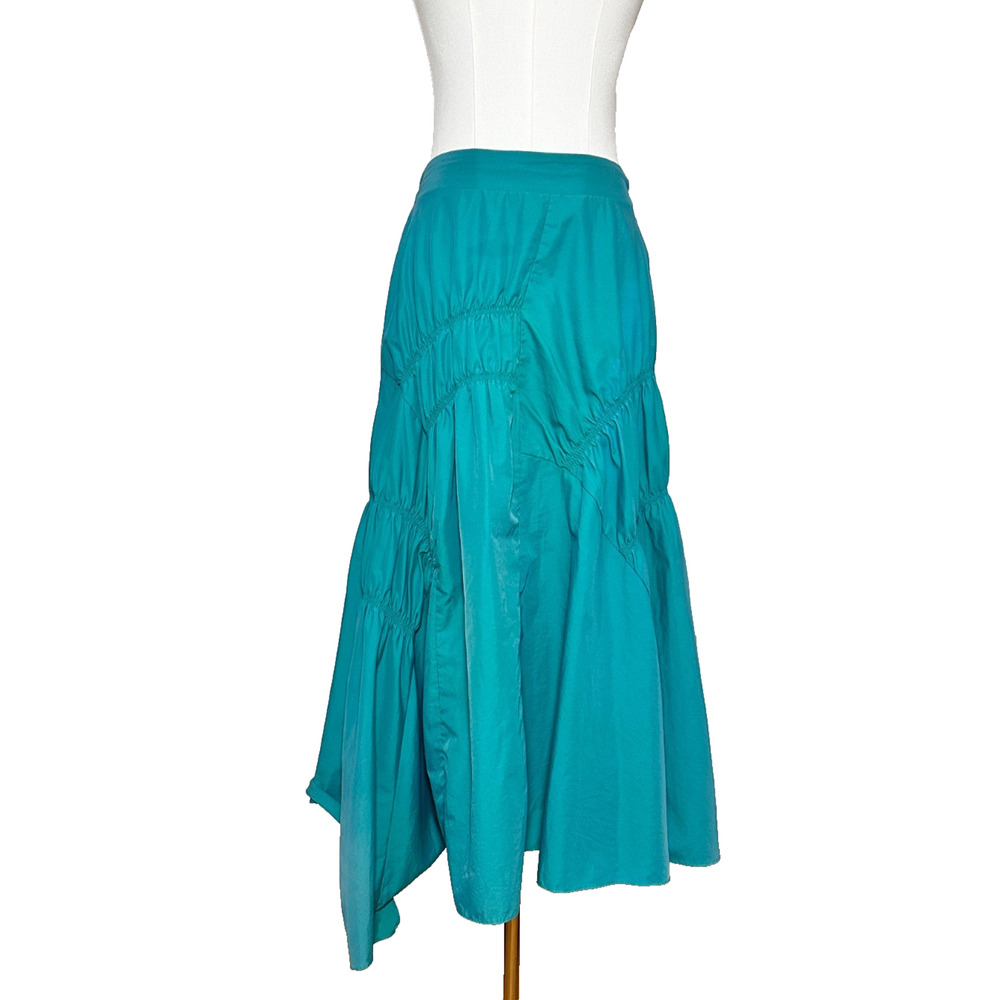 Teal Green Nylon Gathered Pull On Peasant Boho Maxi Skirt Small